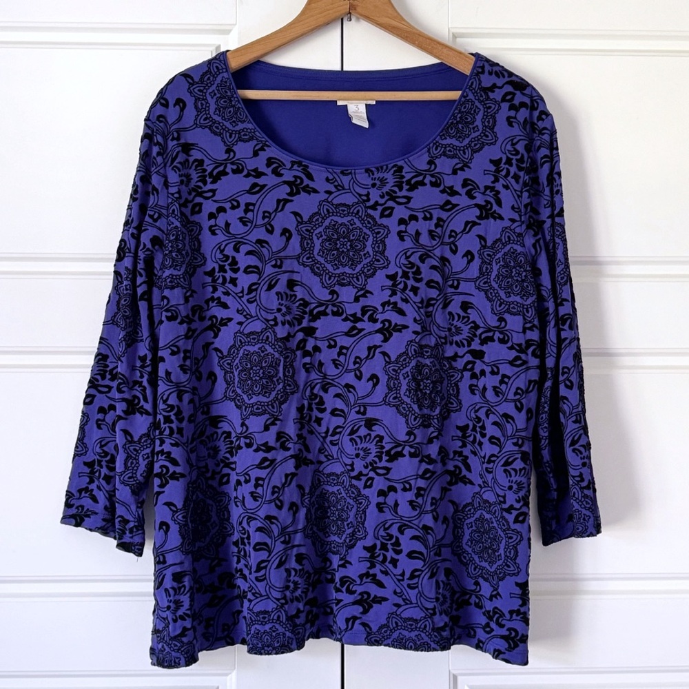 Vintage Chicos Floral Burnout Velvet Top XL 3 Purple Black Whimsygoth Bohemian